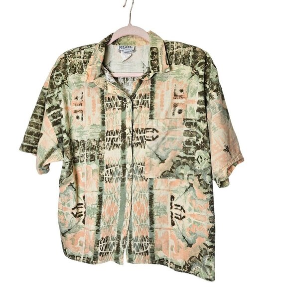 Vintage Filati Button-Up Shirt L Abstract Green Peach Pattern Cotton Made in USA - Picture 1 of 9